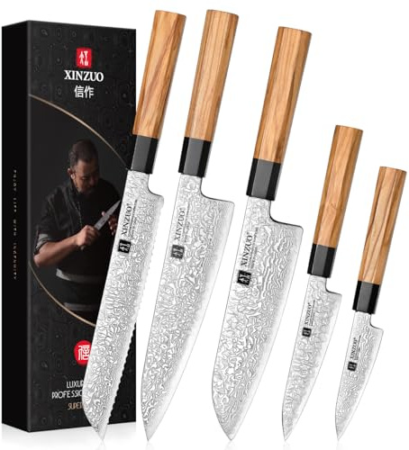 XINZUO 5 Pièces Couteaux de Cuisine Acier Damas Set Couteau de Chef, Forgés Professionnels Lot de Couteau de Damas Lames Bien Tranchantes-Chef Santoku Pain Universel Fruits-Poignée en Bois d'Olivier