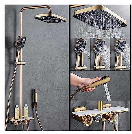 USKI Thermostatische Duscharmaturen-Sets, Regenduschsysteme mit Digitalanzeige und Spray-Thermostathahn mit Ablage(Matte Gold)