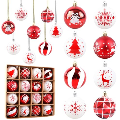 Aitsite 16 Pièces Boule de Noel Rouge et Blanc, 6CM Boules de Noël en Plastique avec Ornements Suspendus Incassables Boules de Noël Décorations de Sapin Intérieure et Extérieure