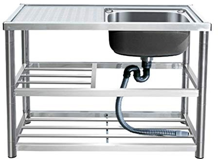 Kitchen Single Sink with Workbench, Stainless Steel Vegetable Sink with Stand, Floor-Standing Household Sink, 2-Layer Shelf, Load-Bearing