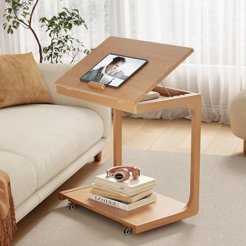 AQIMUELE Wooden C-Shaped End Table,Couch Table with Adjustable Desktop,Small Rolling Side Table with 2 Lockable Wheels 23.6 Width,Small End Table for Couch, Living Room,Bedroom (Natural)