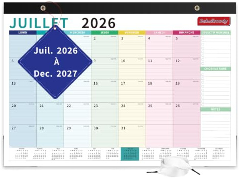 Calendrier 2026 2027 Mural Grand (18 Mois) Juillet 2026 à Décembre 2027 Avec Couverture Imperméable Calendrier Familial Coloré Planificateur Bureau Organisateur Mensuel, 43 x 31 cm
