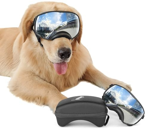 NAMSAN Occhiali da sole per cani con ampio campo visivo, protezione UV, occhiali da sole per cani di grossa taglia, proteggono gli occhi dei cani, con fascia regolabile e cuscinetti in spugna color