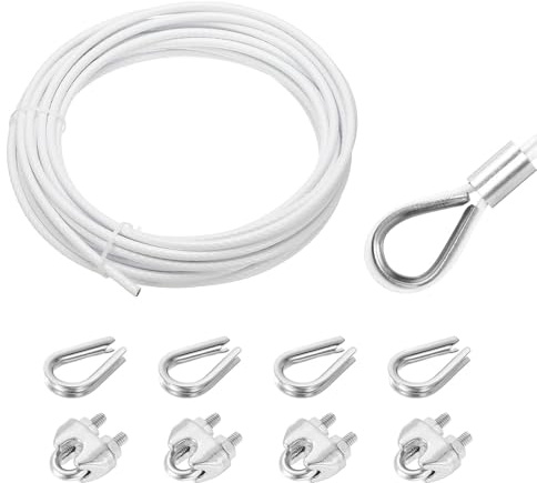 sourcing map 33ft Wire Rope 304 Stainless Steel Cable, 6mm(1/4) Vinyl Coated with 4pcs Screw Chuck and Thimble for Railing, Decking, Hanging, Clothes Lines, White 10m