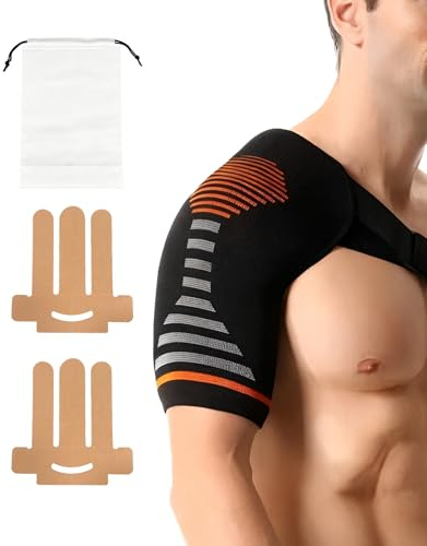 FunnAura 3 Pcs Shoulder Compression Support Set with Kinesiology Tape, Adjustable Rotator Cuff Shoulder Brace for Men Women (L/XL)
