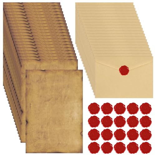 60 Stück Vintage Briefpapier Set, 20 A5 Briefpapier 20 Briefumschläge 20 Wachssiegel-aufkleber, Vintage Papier mit Umschlägen für Hochzeit Geburtstag Liebesbriefe Einladungen