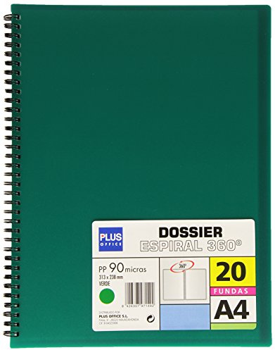 Plus Office 13461-20-GN Dossier-Mappe mit 20 Hüllen und Spiralbindung, A4, Grün