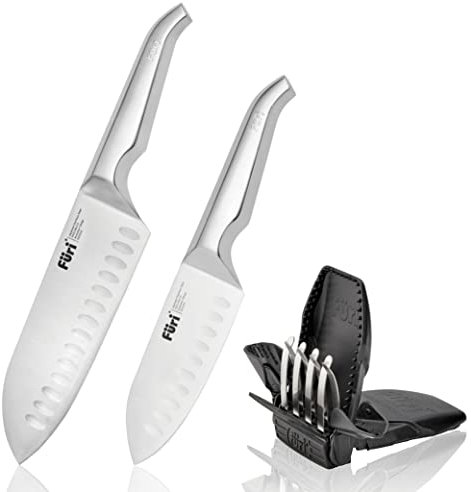Furi Pro East/West Santoku Knife Set 3 pc, Black Carded Gift Box with Two Premium Knives and Sharpener for a Superior Cutting Performance, Stainless Steel Blades, Reverse-Wedge, Anti-Fatigue Handle