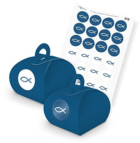 itenga SET Fisch (Motiv 31) 24x Geschenkschachtel mit Griff blau + Stickerbogen