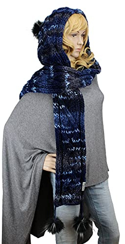 Kapuzenschal exklusiv 4 Farben mit Kunst-Fell-bommel handgestrickt Farbwahl Schal XXL Mützenschal (blau Marine meliert)