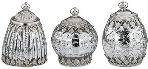 Glaslaternen Set 3-teilig - silberfarbene Glocken-Laternen Ø 10 cm mit LED Lichterkette & Aufhängering - dekorative Tisch- & Hängelaternen für stimmungsvolle Beleuchtung