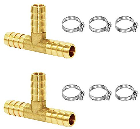 Joywayus 5/16 Brass Barb Tee Fittings T-Shaped 3 Ways Union 5/16 ID Hose Pipe Fitting with 6pcs Stainless Steel Pipe Clamp for Water/Fuel/Air (Pack of 2)