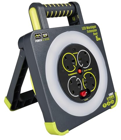 Masterplug WLU05134SL-PX Pro-XT Four Socket LED Work Light Extension Reel with Fold Out Stand, Thermal Cut Out and Power Switch, 5 metre High Visibility Cable, 13 Amp, Grey, 28.35 cm*9.1 cm*22.0 cm
