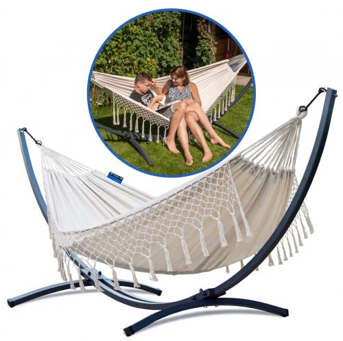 Potenza® Hamac avec Support Anti-rouille pour 2 personnes Démontable – Les Hamacs Double XXL - Lit en métal galvanisé antirouille suspendu portable - Jardin - Support Graphite un Hamac à franges Crème
