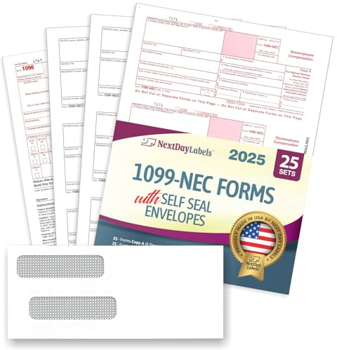 Formularios 1099-NEC para 2020, formularios de impuestos de 4 partes, kit de proveedor de 25 formularios láser y 25 sobres autosellantes, formularios diseñados para QuickBooks y otros programas de
