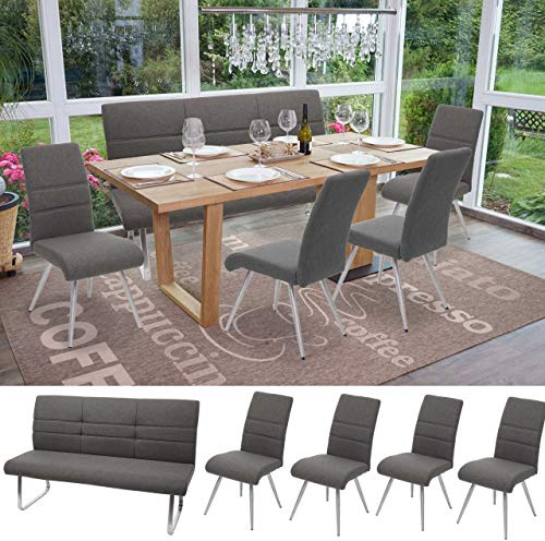 Mendler Set 4X Esszimmerstuhl+Sitzbank HWC-G55 - grau-braun Bank 180cm | Küchenstuhl, Stuhl, Stoff/Textil, Edelstahl