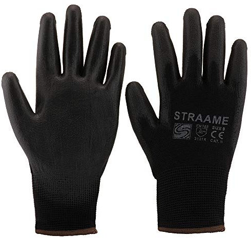 Straame Pack of 12 or 24 Black Safety Work Gloves, Outdoors PU and Nylon Non-Slip Work Handling Gloves, Good Dexterity Firm Grip Protective Working Gloves Size (Pack of 12 Pair's, L)