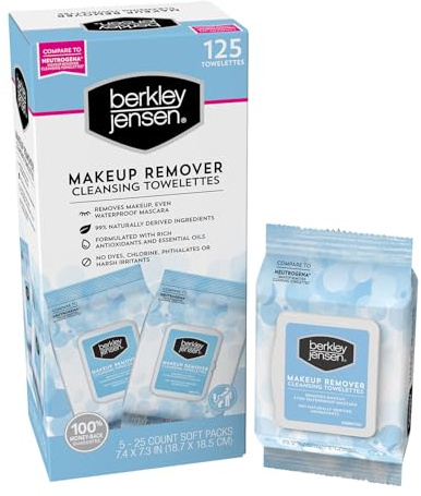 Berkley Jensen Makeup Remover Wipes, 125 Towelettes (Pack of 5, 25ct. Each) - Alcohol and Dye Free Makeup Remover - Waterproof Facial Cleansing Wipes - Hypoallergenic & Dermatologist-Tested Towelettes