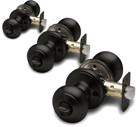 Copper Creek Colonial Privacy Interior Door Knob – ANSI Grade-3 Certified, Modern Heavy Duty Handle, Easy Install and Reversible for Bedroom, Bathroom and Closets – Matte Black (3 Pack)
