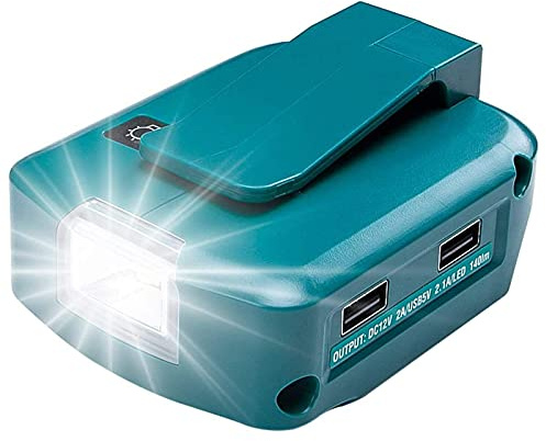 ADP05 Stromquelle für Makita 18V Lithium-Ionen Akku, YEX-BUR USB Telefonladeadapter Konverter mit Zwei 5V 2.1A USB Ports, 12V 2A DC Port, 3W 140LM LED Arbeitslicht Taschenlampe