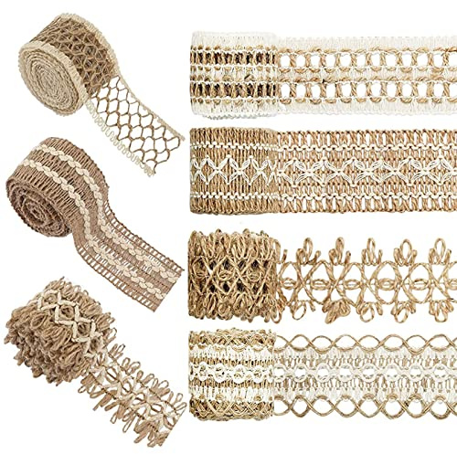 HERZWILD Juteband, 7 Rolle Vintage Natürliche Sackleinen Hessische Jute Band mit spitzenband für DIY Handwerk Weihnachten Deko Hochzeit Party Basteln Geschenkband