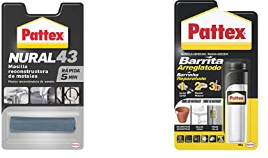Pattex Nural 43 Masilla reconstructora de metales, masilla adhesiva para restaurar piezas metálicas + Barrita Arreglatodo, masilla bicomponente extrafuerte, pasta moldeable