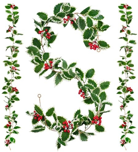 Agrifoglio artificiale con bacche rosse e foglie, decorazione natalizia per la casa, 1,8 m