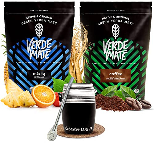 Verde Mate Yerba Mate Set Mas IQ and Coffee 2x500g - Yerba Mate Tea with Coffee, Ceramic Gourd Drive with Bombilla and Cork Coaster, Brazilian