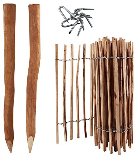 Set completo da 5m di recinzioni a bastoncini, altezza 100 cm, distanza tra i listelli 4-6 cm, con 5 pali in legno, lunghezza 1,5 m e rampe, recinzione in legno di nocciola, durevole