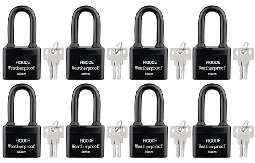 FIGODE® Wasserdichte Vorhängeschlösser für den Außenbereich, bezogene, robuste, laminierte Stahlschlösser, Schloss-Set mit Schlüsseln, 5,6 cm breit, 8 Stück, gleichschließend, lange Vorhängeschlösser