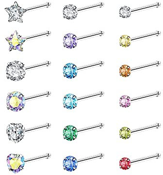 LOLIAS 18 Stück 20G Nasenstecker Damen 316L Chirurgenstahl Nasenpiercing Stecker Nasenring Nostril Bunte CZ Herz Stern L Form Nasen Piercing Schmuck