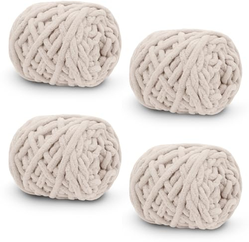 Uiopa Pelote de Laine 4 x 100g, Fil Crochet Grosse Laine à Tricoter à La Main, Laine Douce au Crochet pour Couvertures, Pulls, Écharpes, Chapeaux, Bricolage (Kaki Clair)