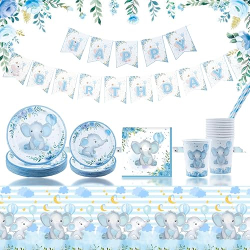 Lunriwis Elephant Boy Baby Shower Party Tableware Set, Baby Shower Gender Reveal Plates Set Decorations, Baby Elephant Boy Baby Shower Plates Cups Napkins Straws Banner for 20 Guests, CY7035