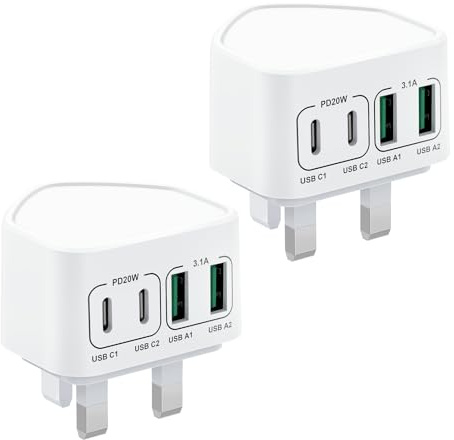 2-Pack 40W USB C Fast Charger, 4-Port Multi Charger UK Charging Plug Dual Type C PD Power Adapter + Micro USB Plug for iPhone 17 16 15 14 13 12 11 Pro Max XR XS, iPad, Samsung