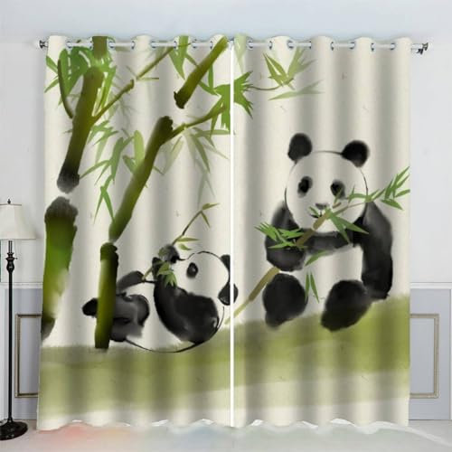 AKATIE Panda Bambus Vorhänge Blickdicht mit Ösen 2er Set Kindervorhänge 3D Gedruckt Tuschemalerei Gardinen Modern Home Dekoration (183x214 cm)