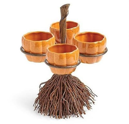 BERO TiSkying Kürbisschalen aus Kunstharz auf Hexenbesen zum Servieren von Snacks, Salat, Obst, Dessert, Halloween-Kürbis-Snackschale, Ständer, Halloween-Partyzubehör, Dekorationen, vier