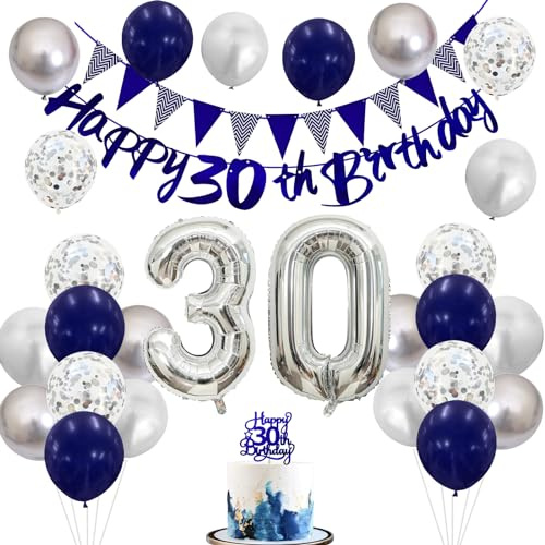 30th Birthday Decorations for Men, Navy Blue Silver 30th Balloons with Blue Banner 30 Cake Decor Number 30 Balloon for Women Birthday 30th Party Decoration