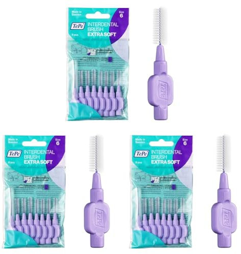 TePe Interdentalbürsten Extra Soft Lila (ISO Größe 6: 1,1 mm) / Für eine besonders sanfte & effiziente Reinigung der Zahnzwischenräume / 1 x 8 Interdental Bürsten (Packung mit 3)