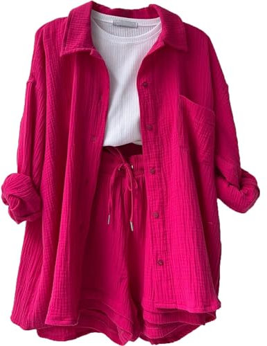 Saymany Zweiteiler Damen Elegant Summer Bekleidung Musselin Damen Anzug Elegant 2 Teilig Kleidung Damen Zweiteiler Oversize Damen Anzug Elegant Kurz Tennis Outfit Damen Outfit Damen Set(1-Hot Pink,M)
