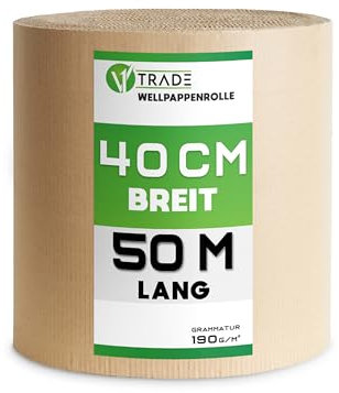 V1 TRADE Wellpappe Rolle 40cm x 50m - Rollenwellpappe 190g/m2 - Verpackungsmaterial für Sicheren Versand und Lagerung - Umweltfreundlich und Recyclebar