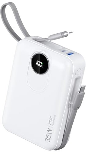 20000mAh Power Bank con Cable Incorporado: Batería Externa de Carga rápida de 22.5W para teléfono móvil, Battery Pack USB C (Entrada y Salida), Cargador portátil con 4 Salidas y 2 entradas-Blanco