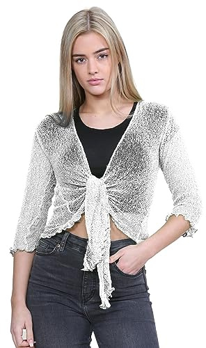 Hamishkane® Women’s Shrugs, Double Fine Knit Bolero Cardigans for Women, 3/4 Sleeve Tie Front Top, Stretchy Cropped Cardigan, Ladies Evening Tops, Lightweight Summer Shrug White
