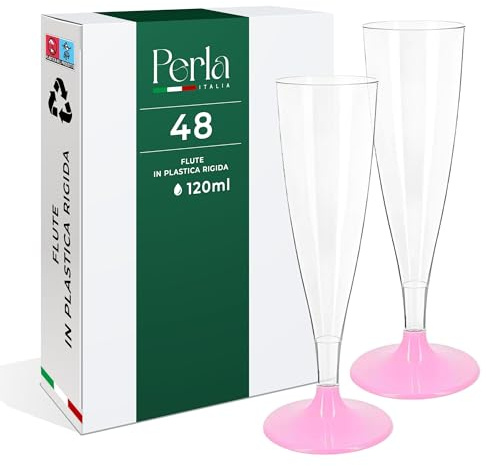Perla - 48 Flute Plastica - Calici Plastica Rigida 120ml - Bicchieri da Champagne Trasparenti - Calice Lavabile e Riutilizzabile per Feste Matrimoni e Compleanni (Gambo Rosa)