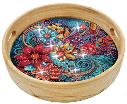 DIY Diamond Painting Tray Decorative Diamond Wooden Serving Tray with Handle Diamond Art Painting Diameter 21.5cm(F13)
