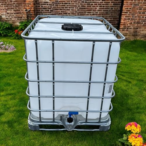 American Style - Cuve IBC 1000 litres Récupérateur Eau de Pluie — Translucide Contrôle Visuel du Niveau — Vanne S60x6 Neuve Démontable — Palette Métallique Galvanisée — PEHD Alimentaire