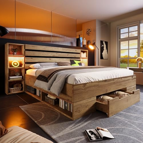 Dolamaní Doppelbett 180×200 cm Bettgestell Lattenrost aus Holz, Bett mit Schubladen, Stauraum-Kopfteil, Stauraumbett aus Eiche (Eiche)