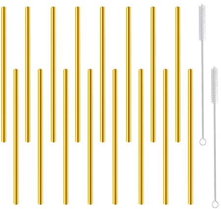 morneve Short Cocktail Straws, Metal Stainless Steel Reusable Straw Small Mini 6 Inch for Cocktails Party Accessories Glasses Mason Jar Tumbler Coffee Juice Tea Mojito with Brush, Gold 16PCS
