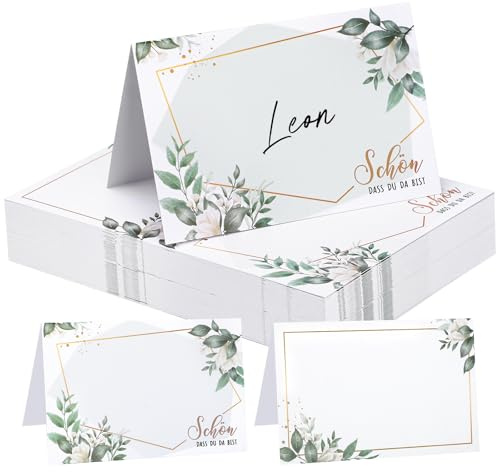 woric 60 Stück Tischkarten Schön dass du da bist, 110x85mm Platzkarten zum selbst Beschriften Namenskärtchen Tischkarten für Hochzeit Geburtstag Taufe (Blätter)