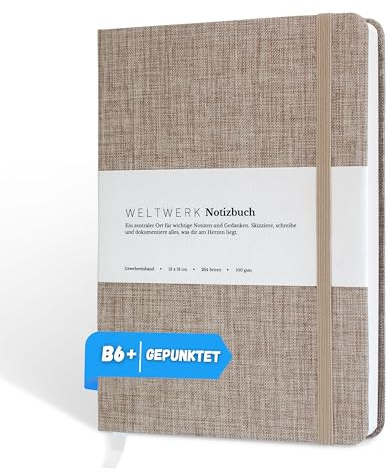 WELTWERK Anteckningsbok B6+ [Dotted, linnebeige] högkvalitativ anteckningsbok med 100 g/m² papper, tygomslag och gummiband – litet anteckningsblock med 264 sidor för bullet journaling, skisser och