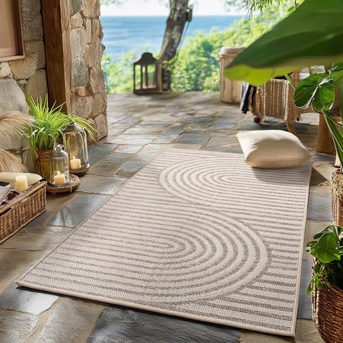 SIMPEX Outdoor Teppich Beige 80x150 cm Läufer Wetterfest UV-beständig Pflegeleicht Skandinavisches Boho Design für Küche Balkon Terrasse Wohnzimmer